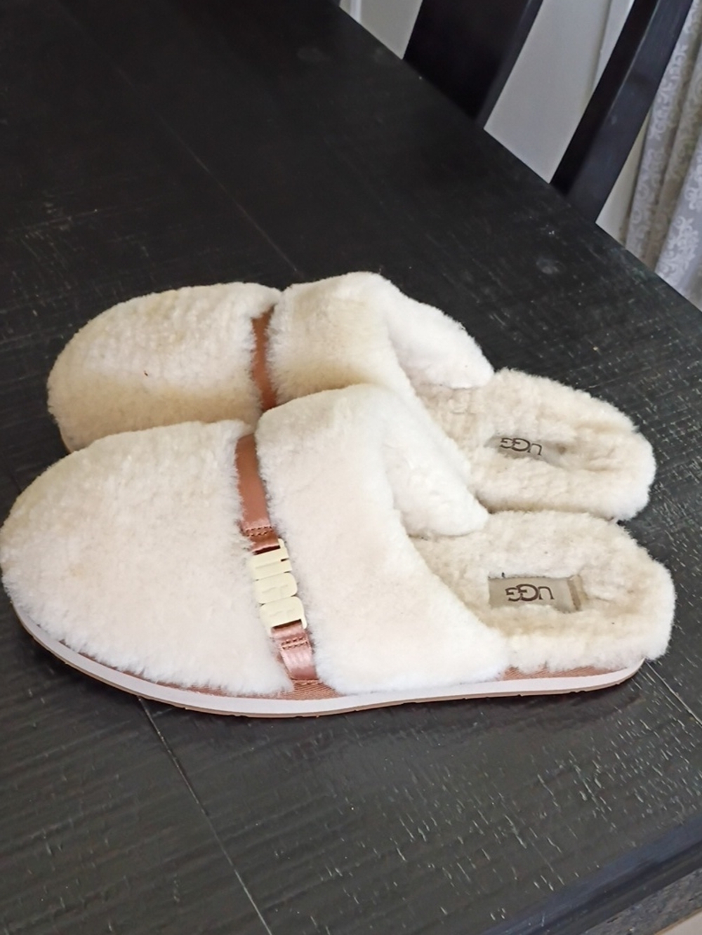 UGG Cream Shearling Slide Slippers with Leather Trim